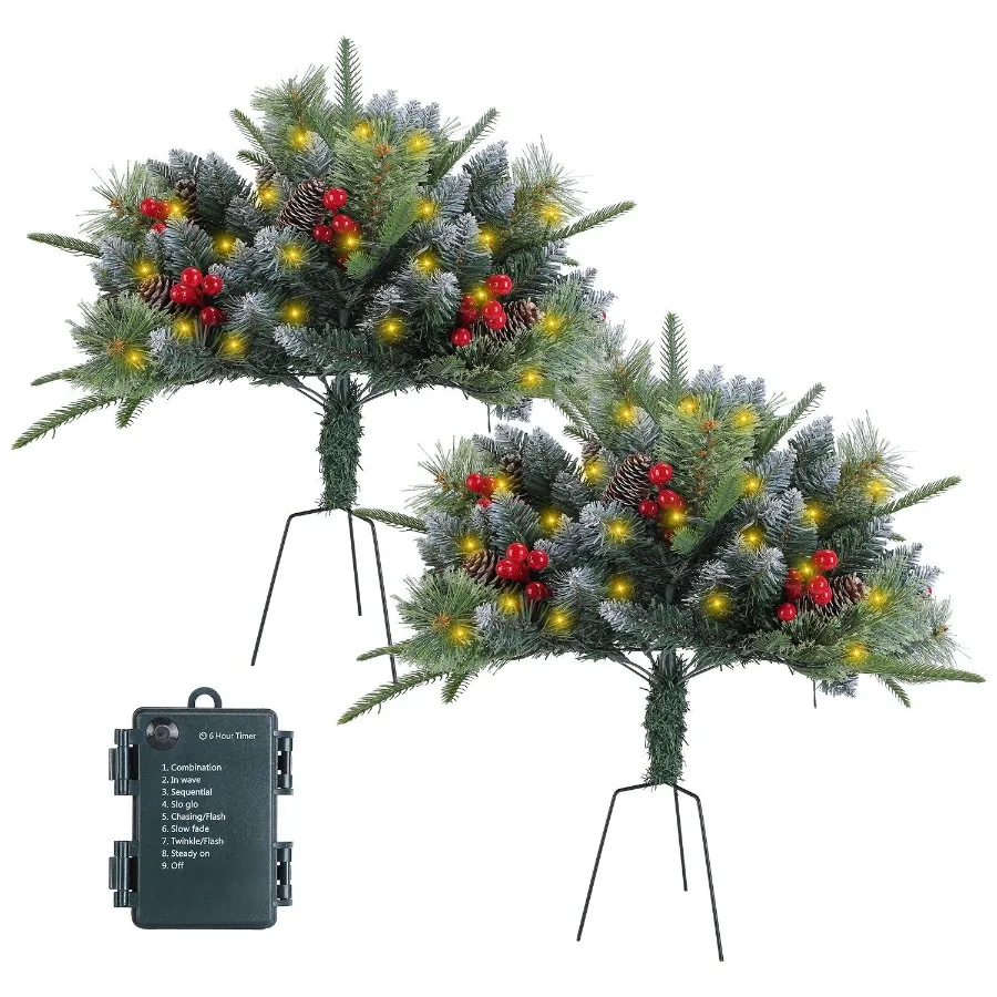 

2Pcs Christmas Tree Urn Filler With Light Artificial Lighted Xmas Trees Light with Cones Berries Holiday Planter Filler LED Pat