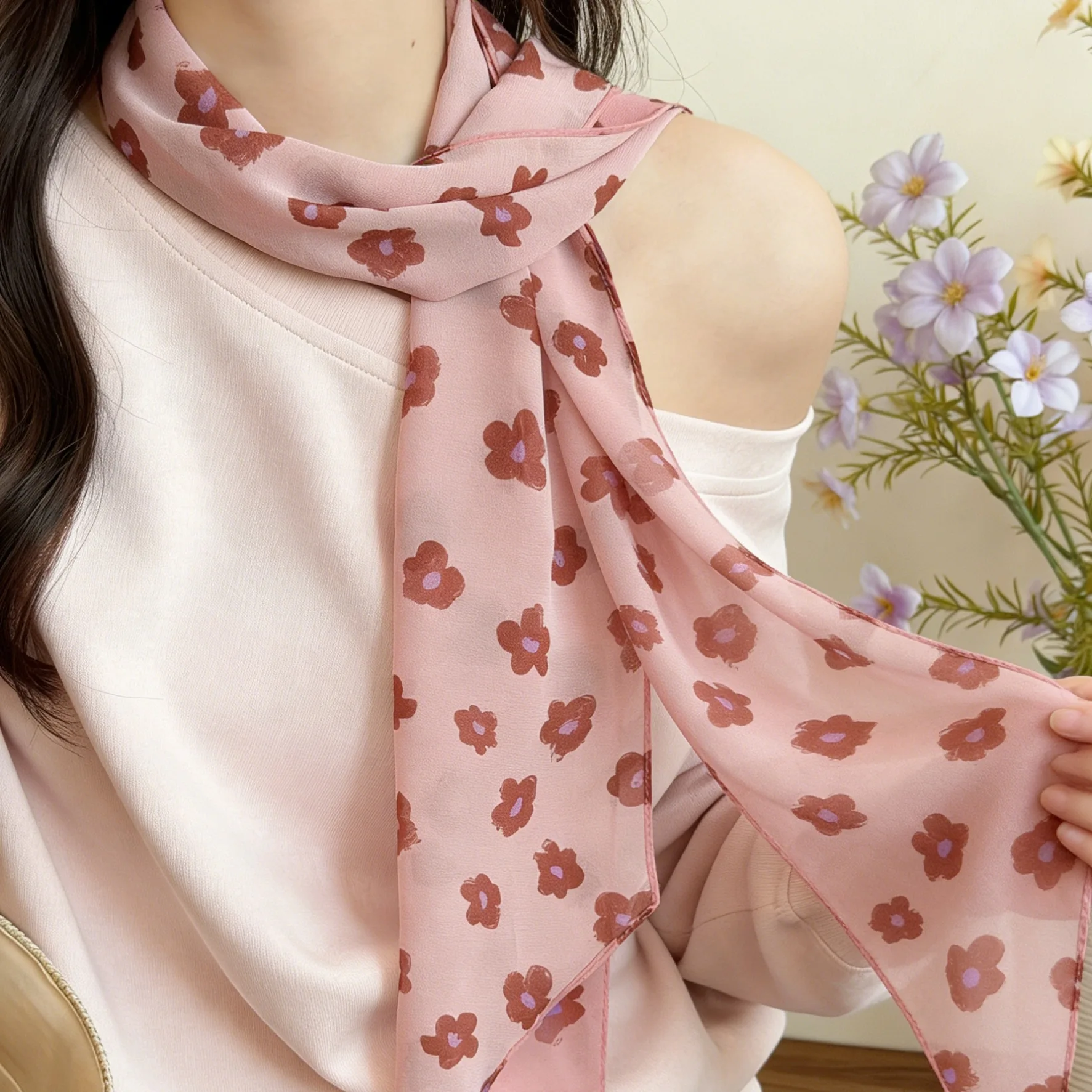 

Розовый шарф с цветочным принтом для женщин, длинный шелковый шарф-платок, модная женская повязка на голову, шейный платок, женские длинные накидки