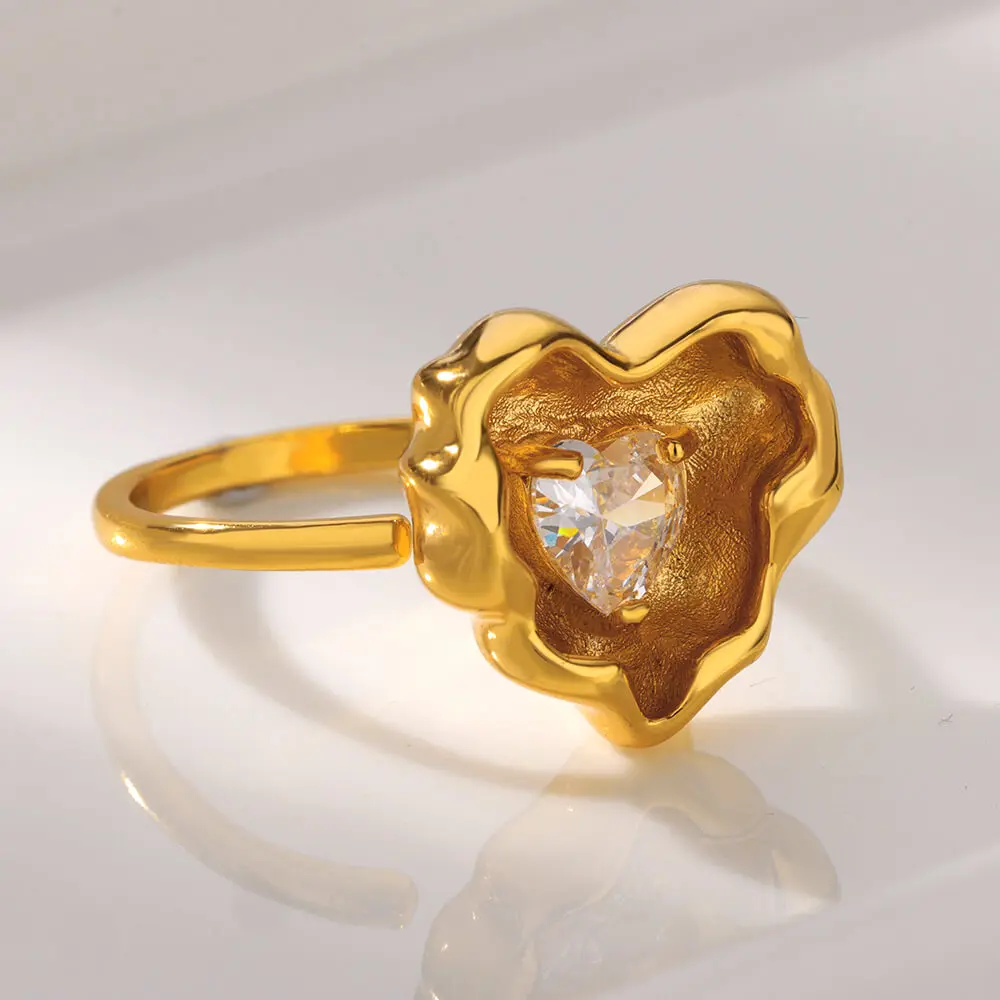 Inlay Zircon Heart Rings For Women Men Open Adjustable Stainless Steel Gold Color Ring Wedding Engaement Luxury Jewelry Gift