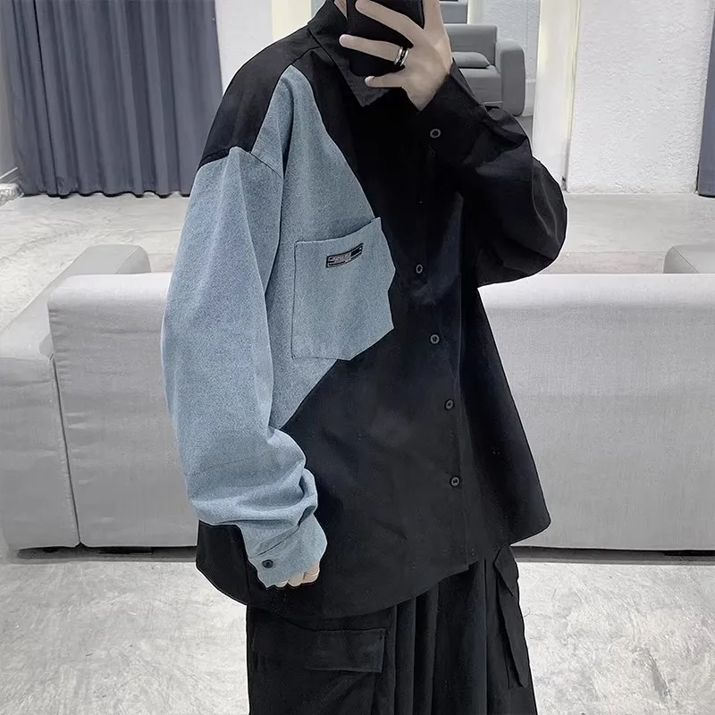 New Fashion Patchwork Blouses for Men Streetwear Trend Casual Long Sleeve Single Breasted Shirts Tops Male Clothing
