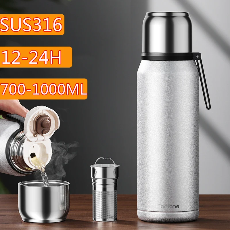 FANJTXMen-Bouteille thermos pour thé et café, filtre fin de grande capacité, acier inoxydable 316, tasse à café isolée, bouteille d'eau