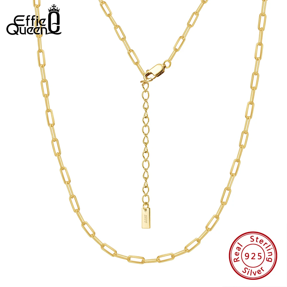 Effie Queen 925 Sterling Silver 14K Gold Paperclip Link Chain Choker Plus 5cm Extension Chain Minimalism Design Necklaces SC83