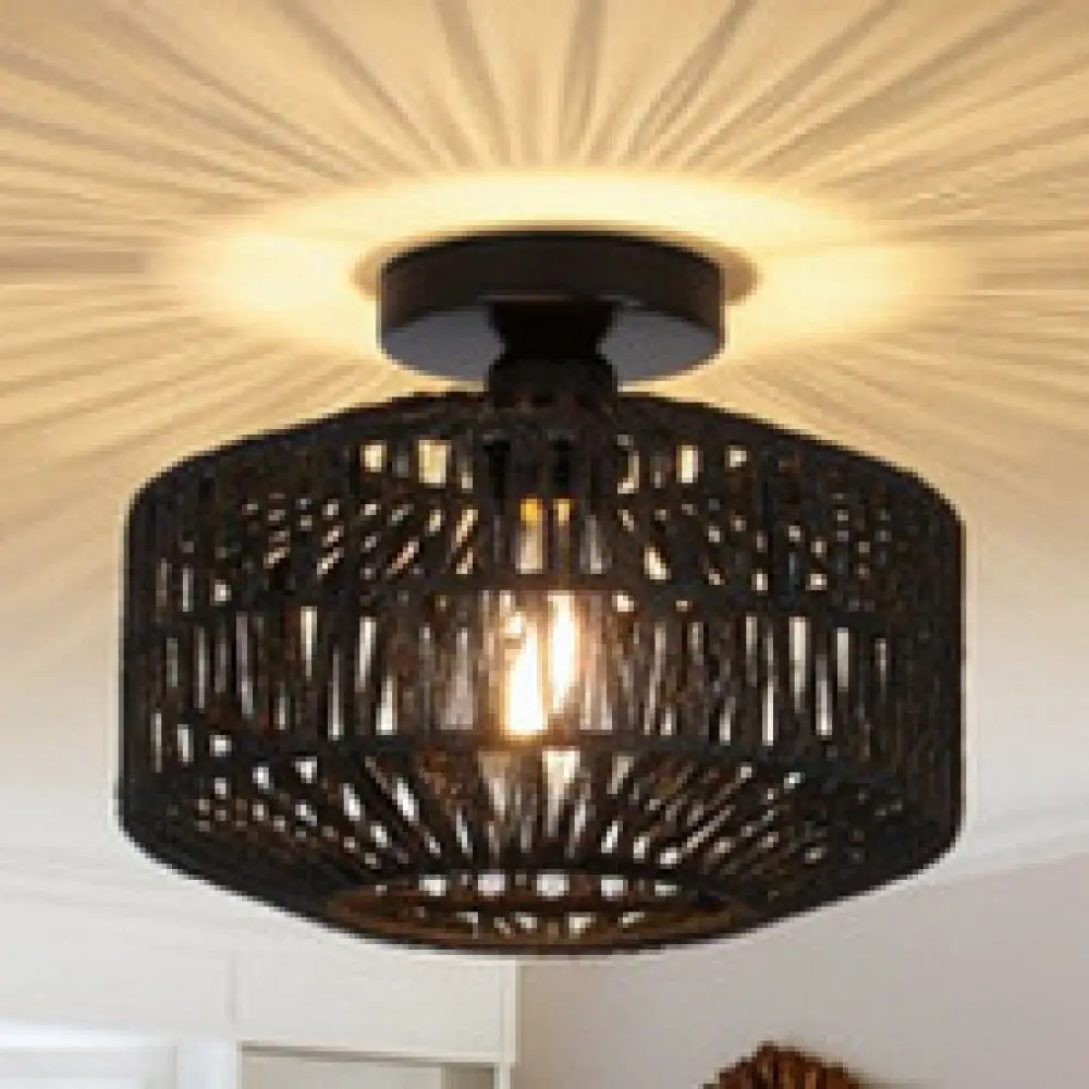 Classic Woven Ceiling Fixture Rustic Paper Rattan Flush Mount Lamp Farmhouse Style Bedroom Living Room Decor Led