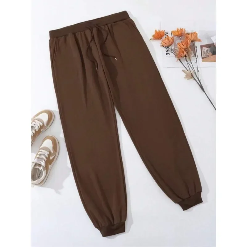 

Женские повседневные универсальные однотонные брюки размера плюс 1XL-5XL, удобные брюки с эластичной резинкой на талии и шнурком, подходящие для поездок на работу