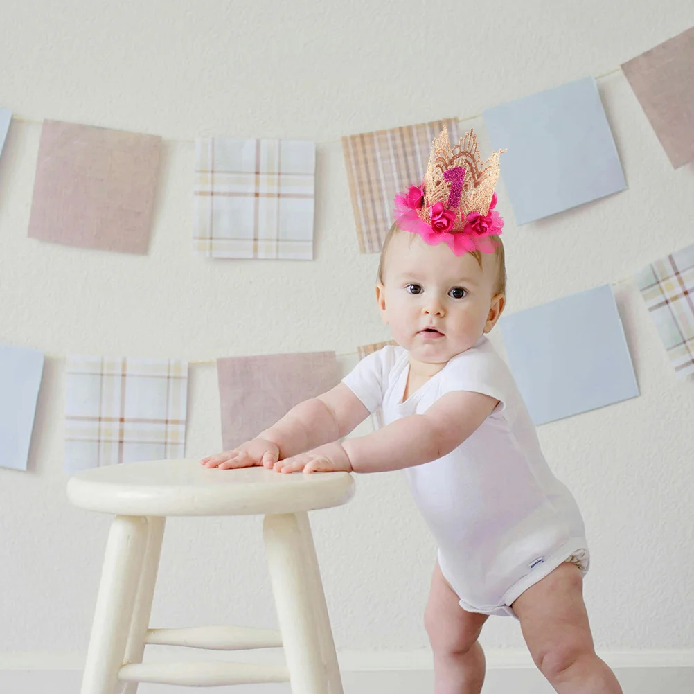 

Детская корона на первый день рождения, роза, кружевной сетчатый головной убор, аксессуары для волос для маленьких девочек, реквизит для фотосессии, детская корона на первый день рождения