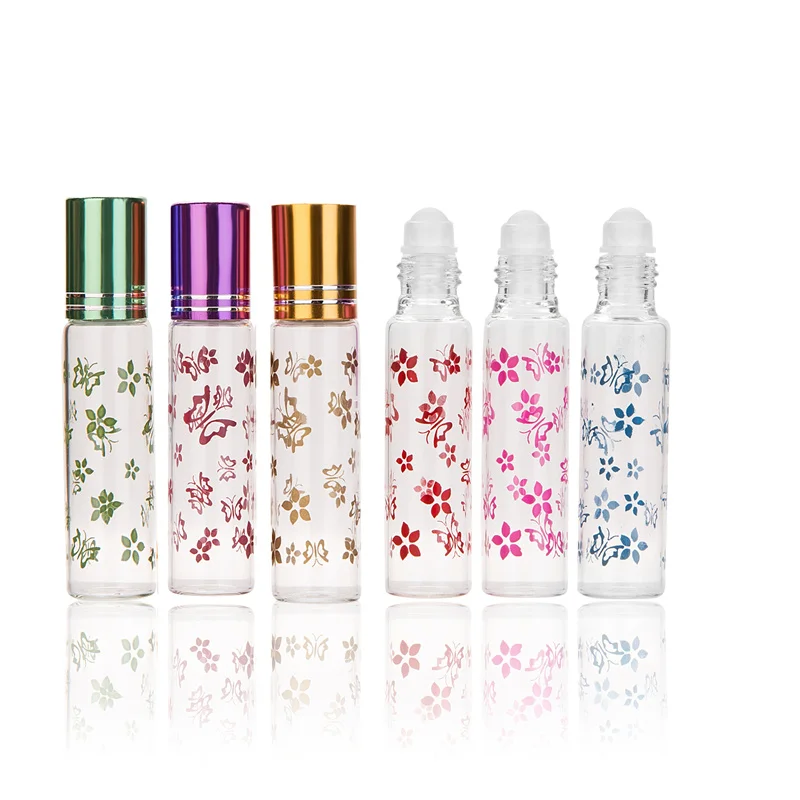 100pcs 5ml/10ml Butterfly Printing Glass Metal Essential Oil Roller Bottles Empty Refillable Roll on Perfume Travel Bottles