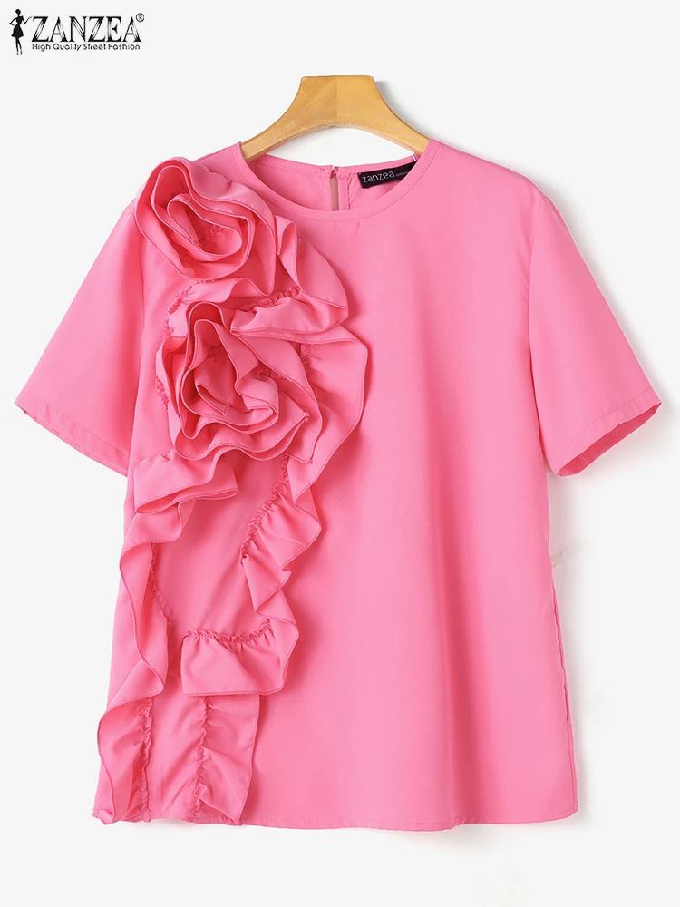 ZANZEA 2025 Women Summer Blouse Speacial 3D Flowers Short Sleeve Blusas Designer O-Neck Shirts Casual Loose Fashion TunicTops