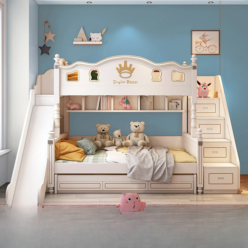 Children's bed with bunk beds on top and bottom, high and low beds, mother and child combination small unit sliding bed