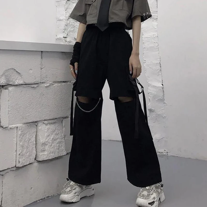 Autumn Fashion Cargo Pants Women Gothic Punk Black Wide Leg Lady Hot Pants Korean Fashion Street Wear Casual Trousers New