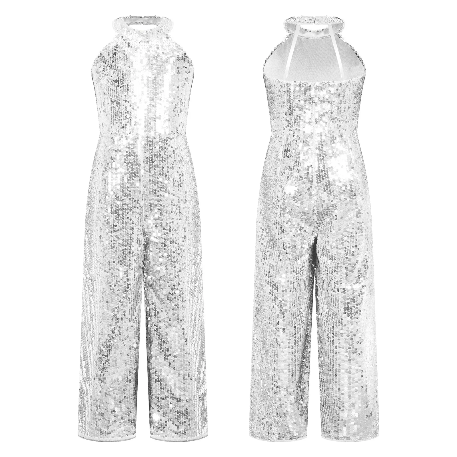 Kids Girls Shiny Sequin Jumpsuit Romper Jazz Ballet Dance Performance Prom Party Playsuit Wide Leg Pants Fancy Dress-up Bodysuit