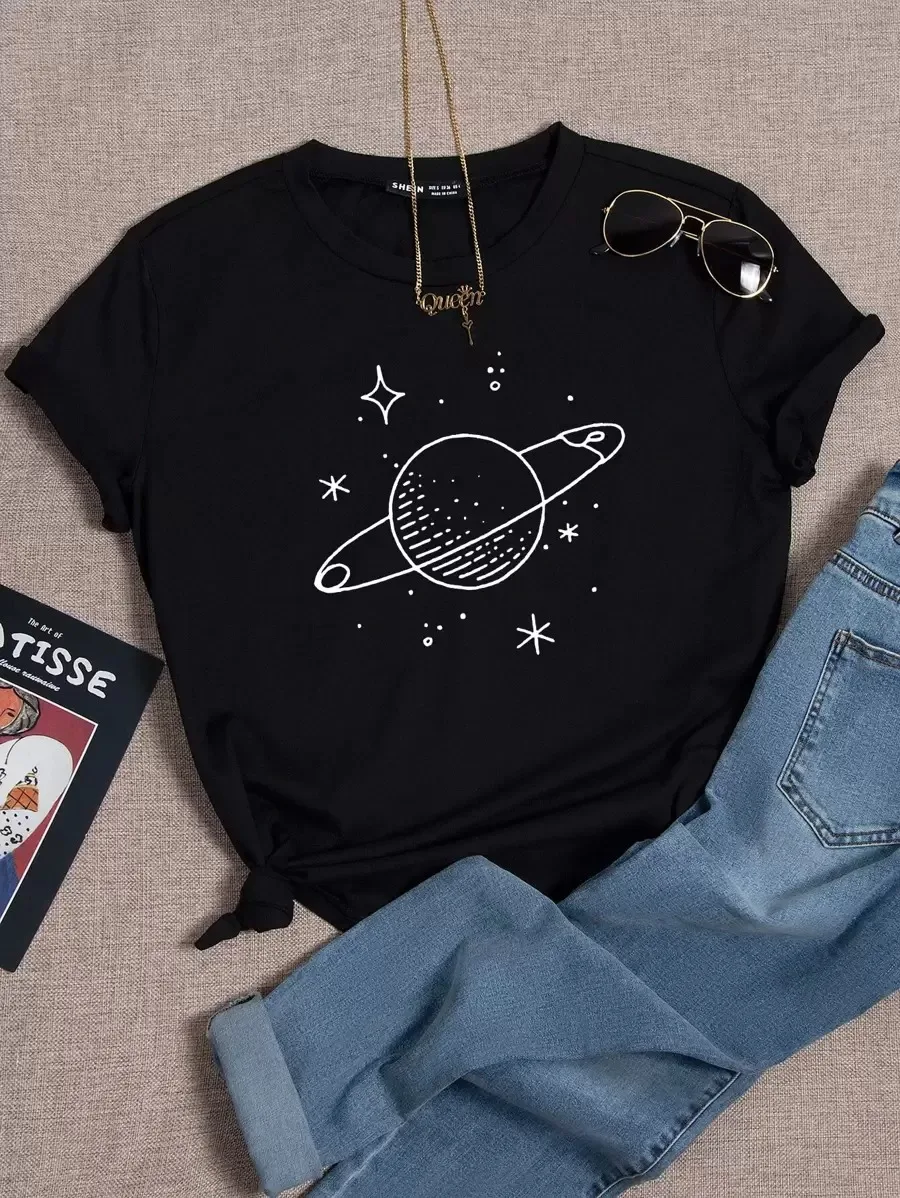 

Plus - Size Black Short - Sleeve Tee with Planet & Star Print