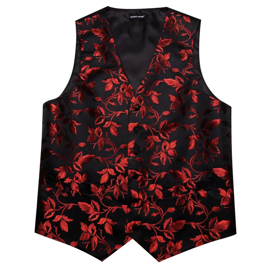 Elegant Silk Vest for Men Red Black Leaves Slim Fit Waistcoat Tie Hanky Cufflinks Set Wedding Business Formal Party Barry Wang