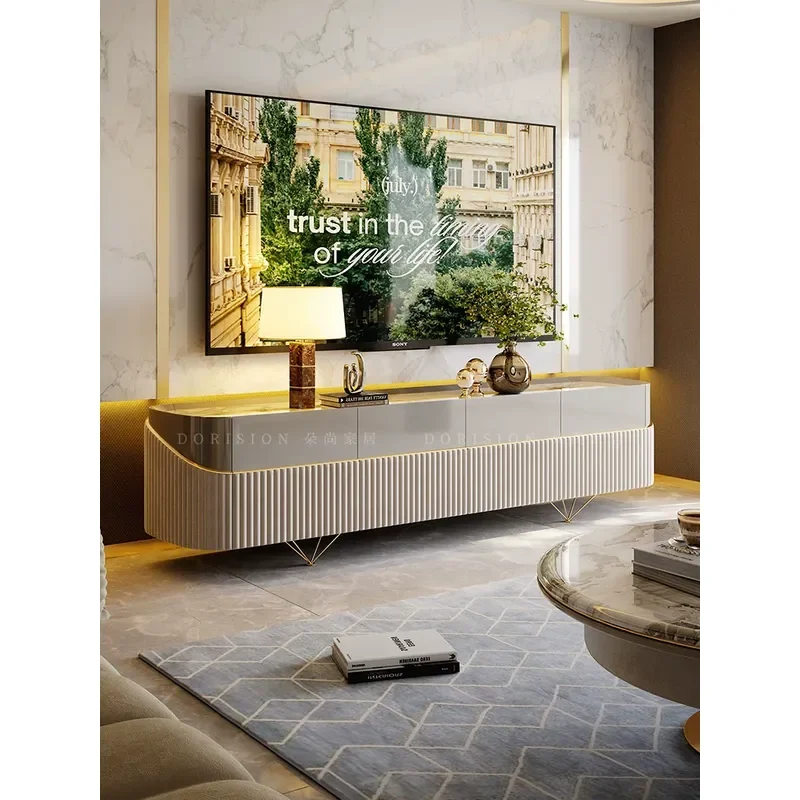 Light Luxury TV Cabinet and Coffee Table Set Marble Floor Storage Unit for Villa Living Room High End Custom Entertainment