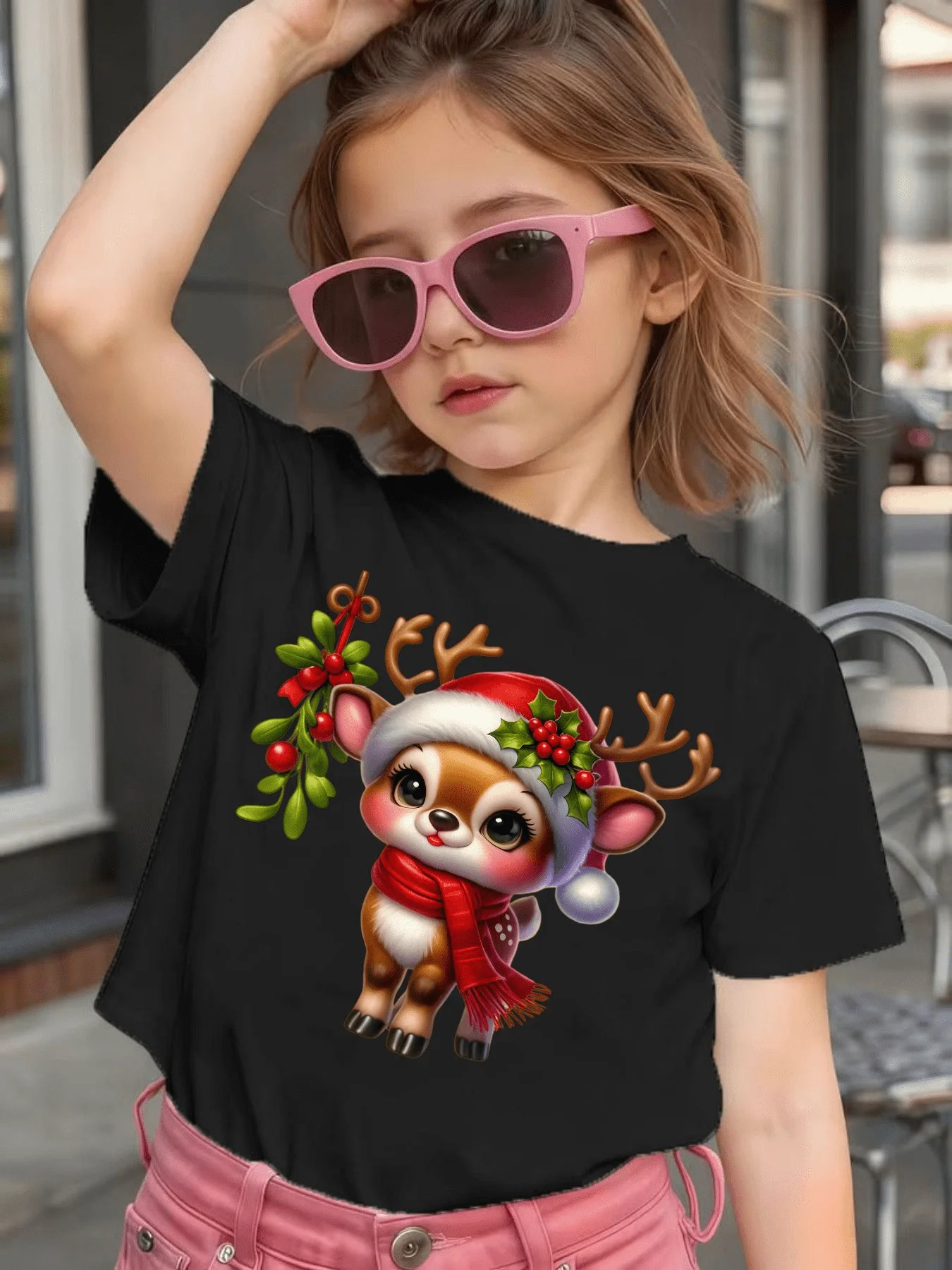 Cute Xmas Reindeer Santa Hat Graphic Kids Tee Boys Girls Family Matching Cotton Crew Neck Short Sleeve Soft Casual Summer Tee