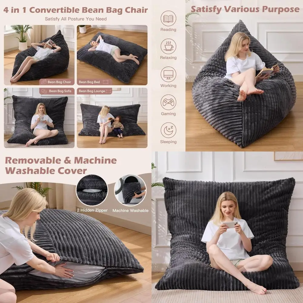 Giant 4-in-1 Convertible Bean Bag Chair with Removable Cover, Memory Foam Cushion, Ideal for Living and Bedroom, Grey
