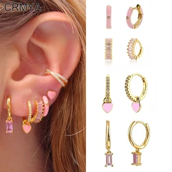 CRMYA Pink CZ Zircon Drop Hoop Earrings Set For Women Gold color Dripping Oil Heart Dangle Earrings 2022 Jewelry Wholesale