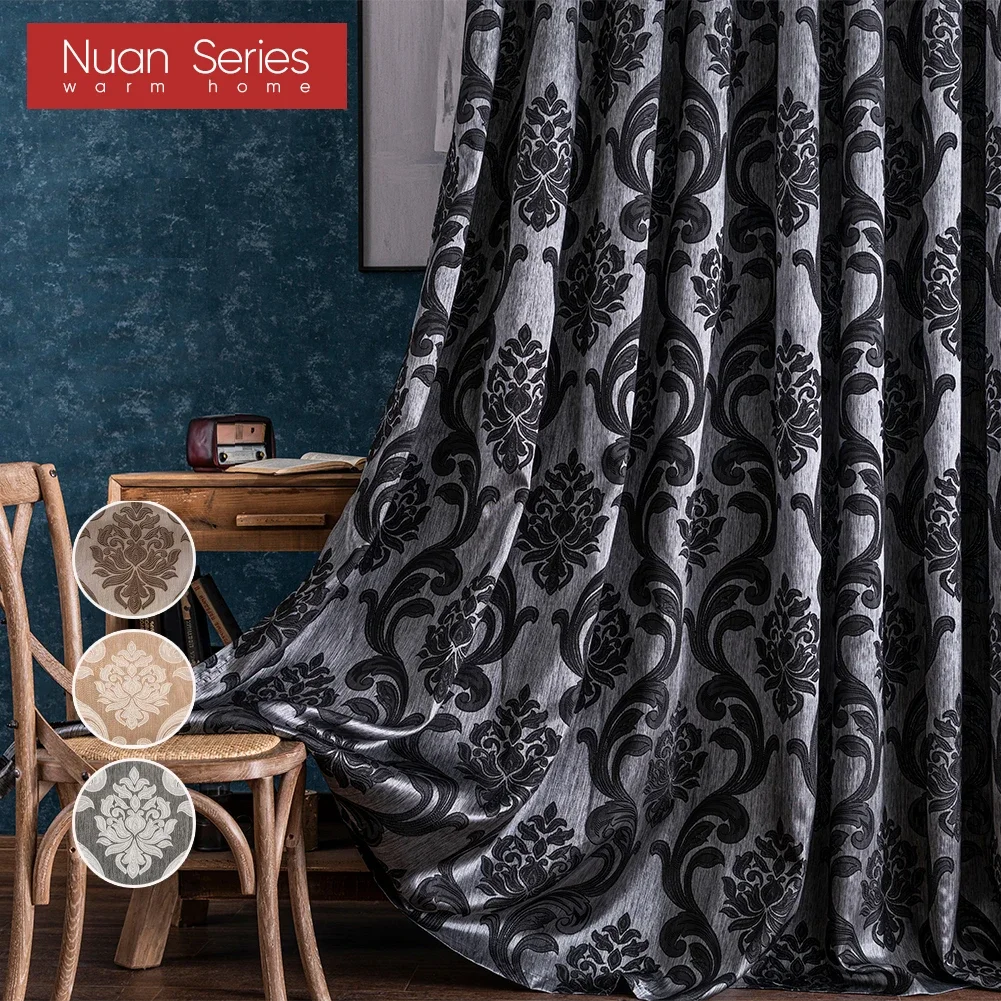 2022 Luxury European Pattern Curtains For Bedroom Living Room Window Treatments Jacquard Semi Blackout Curtain Black Nuan Series