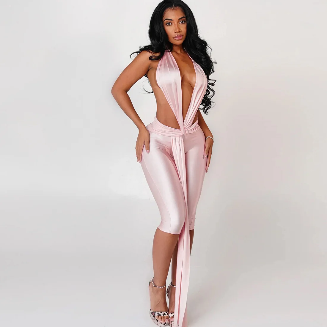2026 New Spring Sexy Halter V Neck Jumpsuits Women Club Elegant Bodycon Luxury One Piece Party Shiny Jumpsuit Bodysuit Playsuit