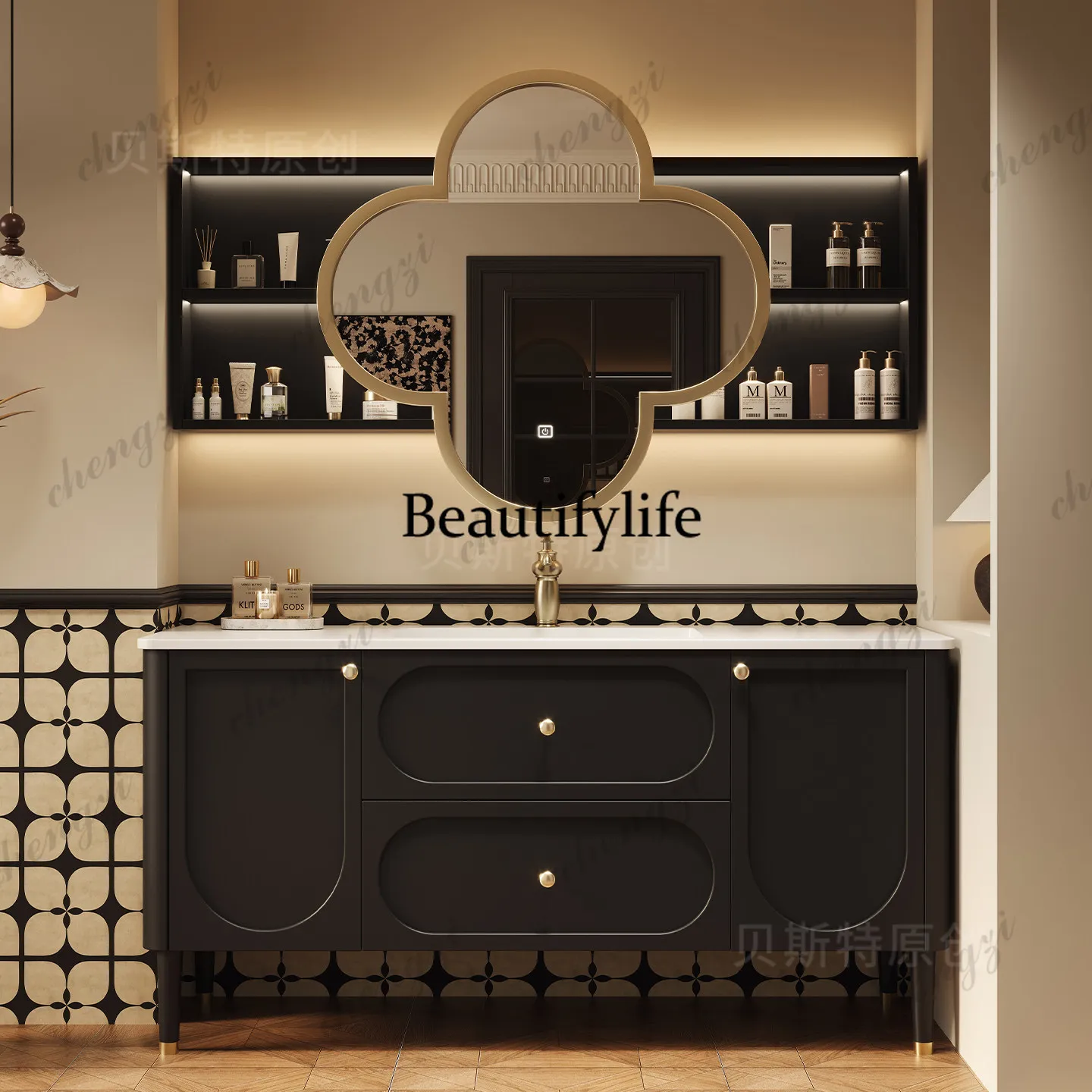 Oak floor-to-ceiling French retro wind hot bending basin, smart washstand, basin cabinet, bathroom cabinet combination
