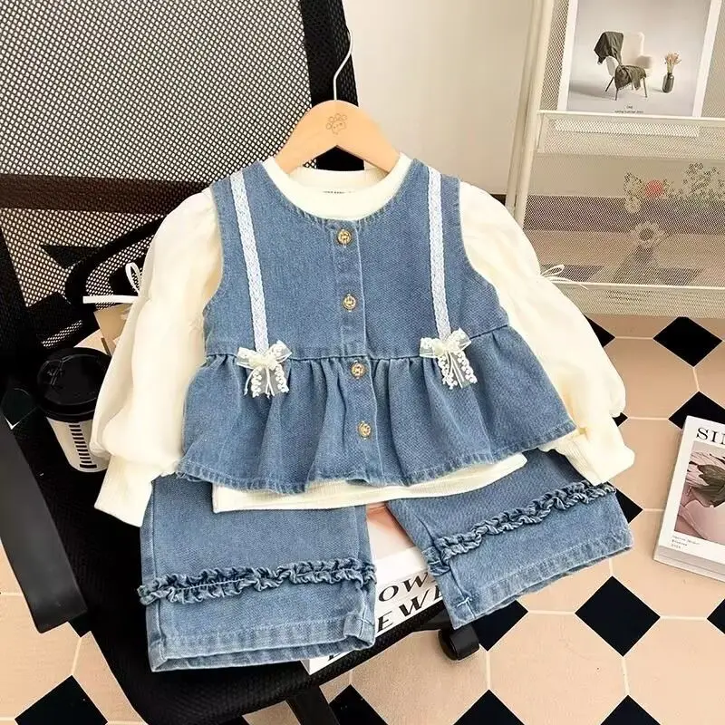 

Girl Set Fashionable Spring Autumn Vest Jeans T-Shirt Three-Piece Set Children's Clothing Outfit
