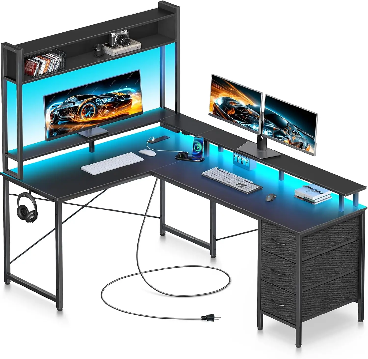 L Shaped Gaming Desk with Drawers, Reversible Computer Desk with LED Lights & Power Outlet, Home Office Desk with Mon