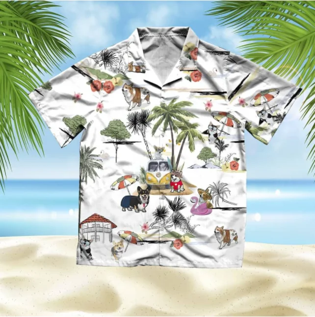 Hot Sale Casual Shirts Corgi Holiday Kawaii Dogs Printed Summer Beach Tops Short Sleeve Hawaiian Shirts for Men Vacation