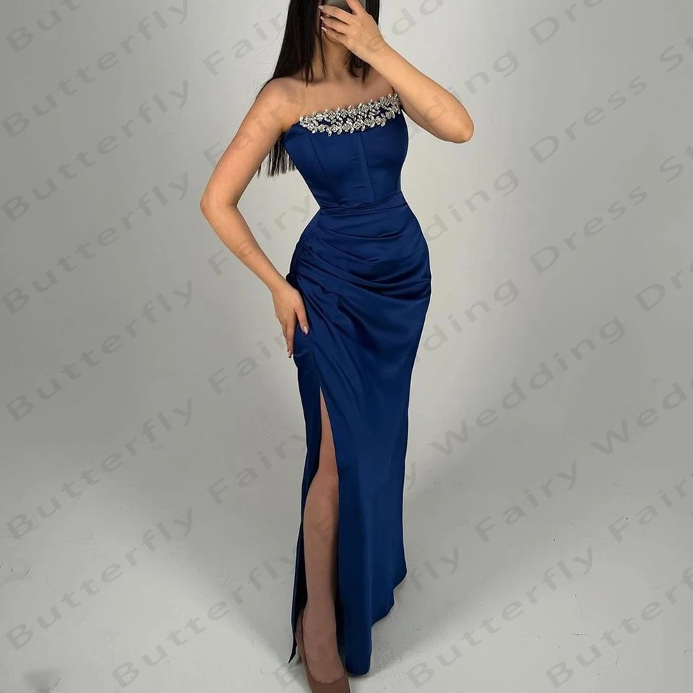 

Simple Navy Blue Women's Evening Dresses Sexy Off Shoulder Crystal Bead String Princess Prom Gowns Fashionable Celebrity Party