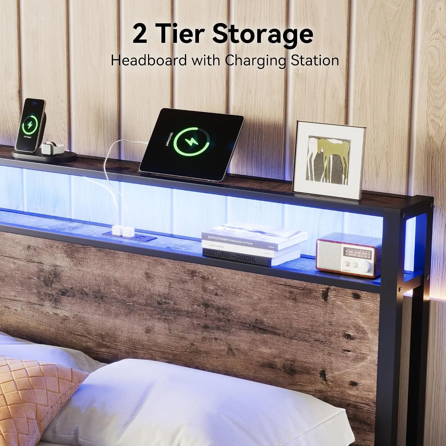 Full Size Bed Frame with Storage Headboard, Sturdy Metal Platform Bed Frame with LED Lights and Charging Station, Easy Assembly
