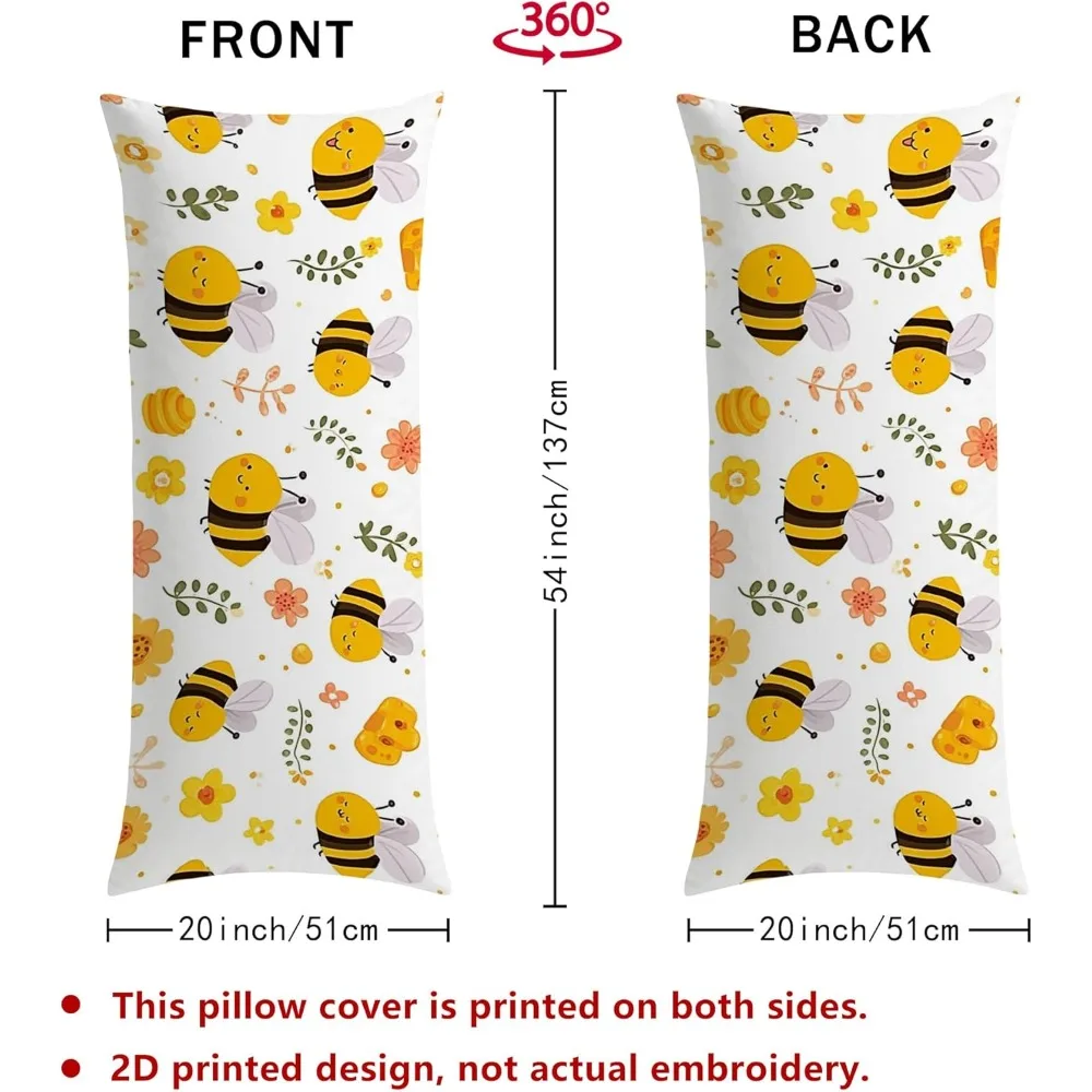 20x54 Inch Body Pillowcase, Hidden Zipper, Pillow Insert Not Included, Cute Hardworking Little Bee and Flower Pattern, Soft Fabr