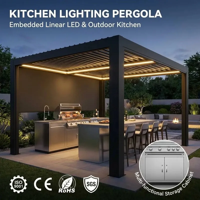 Modern Motorized Louvered Pergola Integrated LED Strip Lights Standing Outdoor Kitchen Balcony Residential Backyard Dining