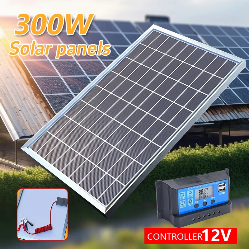 300W/600W Solar Panel 12V Photovoltaic Power Bank Kit 100A Controller Solar Plate for Home/Camping/RV/Car Fast Battery Charger