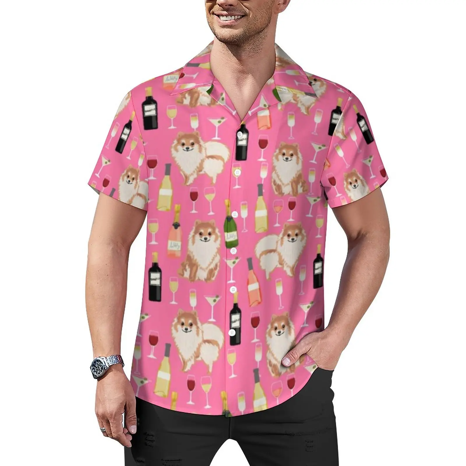 

Wine Lover Print Beach Shirt Pomeranian Dog Hawaiian Casual Shirts Men Stylish Blouses Short-Sleeve Graphic Clothing Big Size