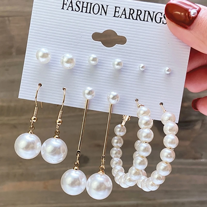 Gold Silver Color Pearl Hoop Earring Set for Women Girls Vintage Pearl Circle Bead Earring Trend Jewerly Accessories