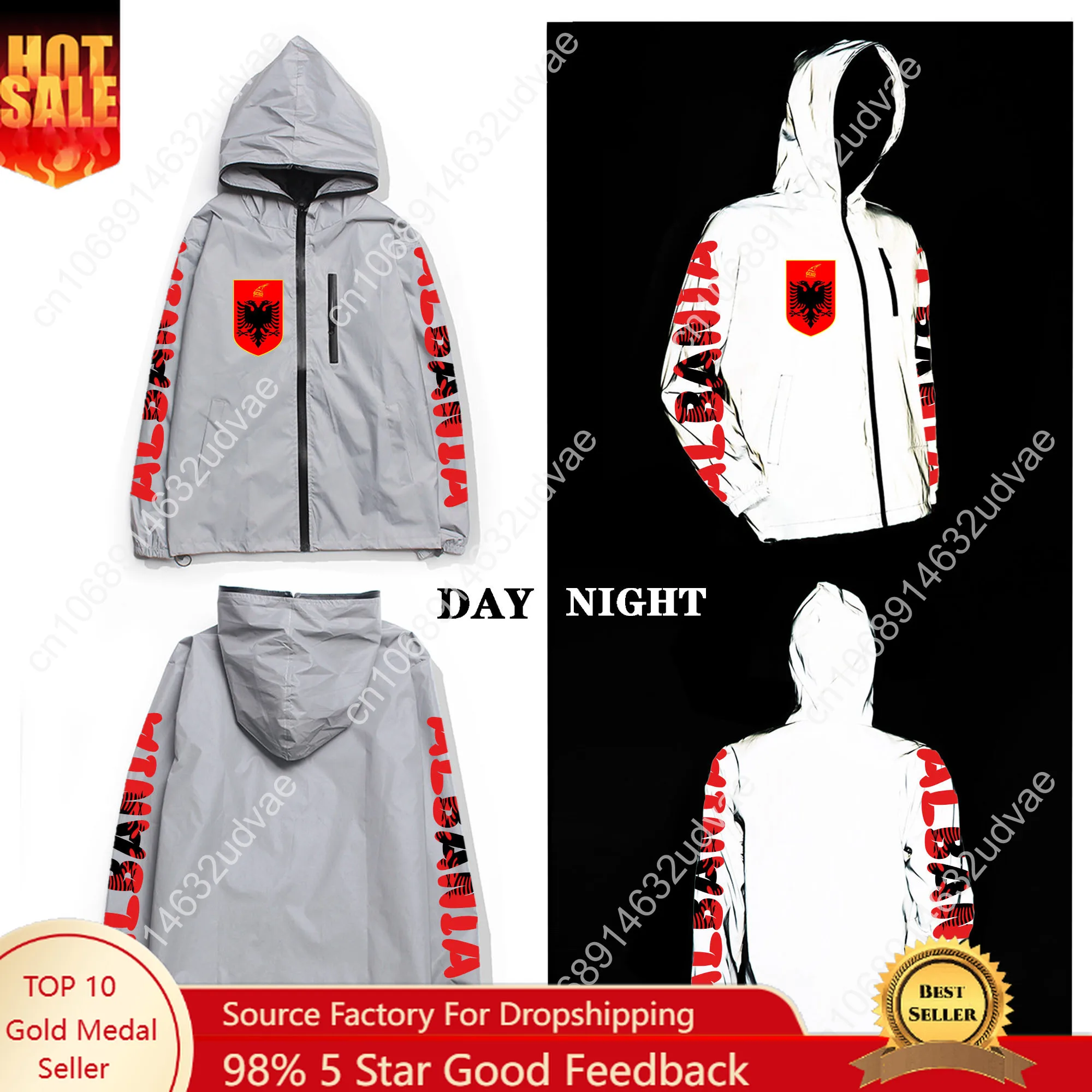 

Albanian Flag Reflective Jacket Mens Womens Albania Coat Hooded Windbreaker Run Jackets Cycling Hiking Zipper Custom Hoodie