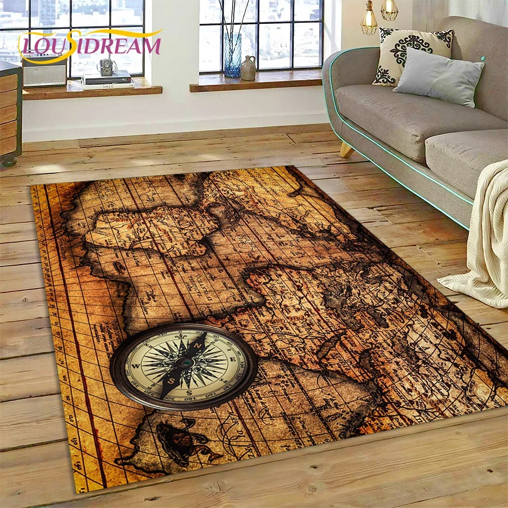 

3D Ancient Nautical Chart World Map Compass Carpet Rug for Bedroom Living Room Sofa Decoration,Child Game Large Decor Floor Mat