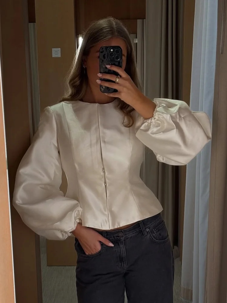 White Bubble Sleeve Shirt Elegant Women Casual Solid Full Sleeve Round Neck Loose Short Blouse Lady Daily Commute Office Shirts
