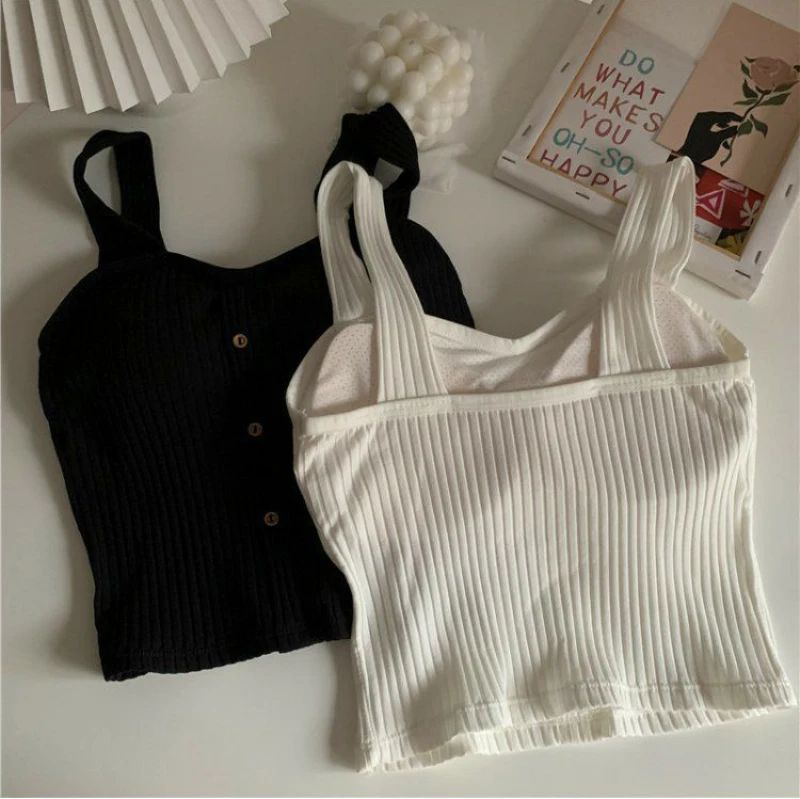 Women's Y2K Cropped Tops with Bra Pads Summer Corset Korean Suspenders Vest Sexy Camisole Slim Solid Casual Fake Buckle Tops