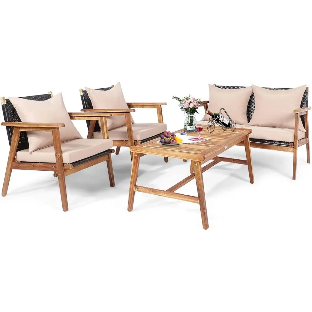 

4-Piece Outdoor Rattan Sofa Set with Acacia Wood Coffee Table, Ideal for Patio, Garden, Poolside, and Balcony
