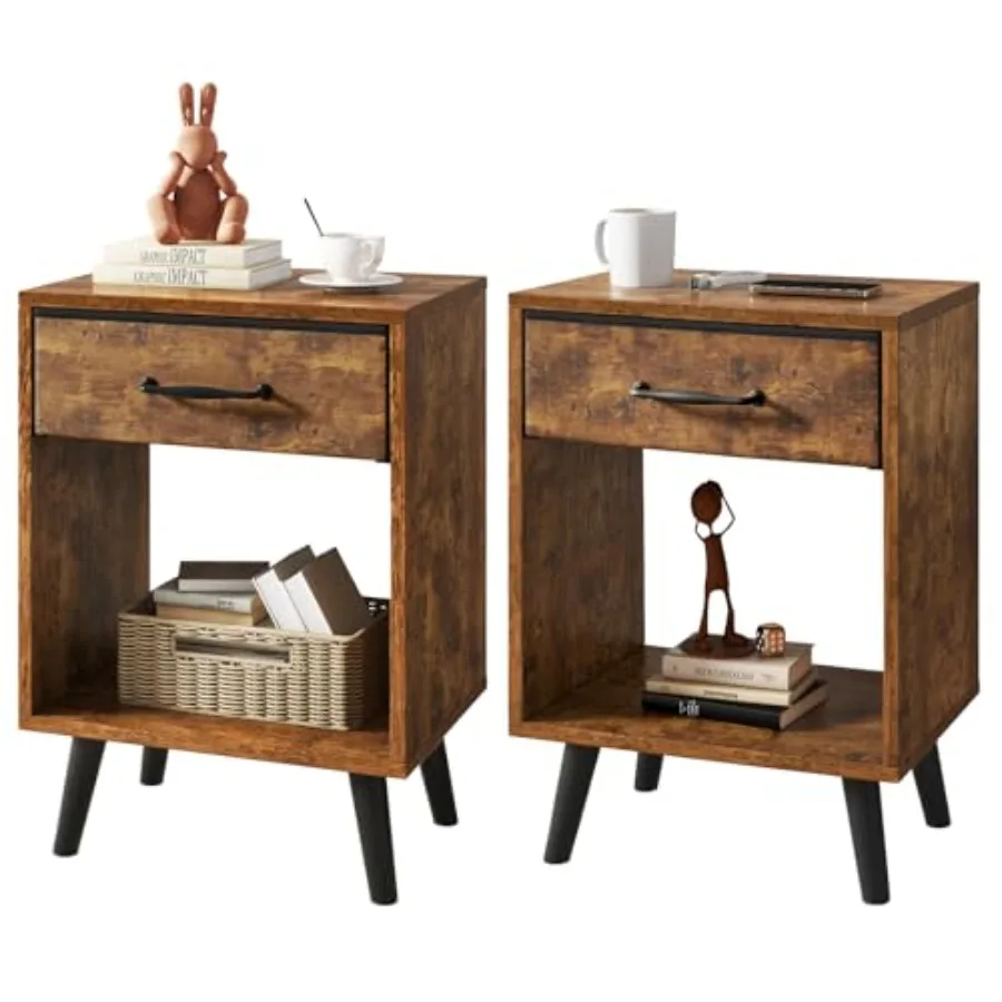 

Nightstand Set of 2 Bedside Table Side Table with Fabric Drawer Handle and Open Compartment Solid Wood Legs Wooden Coffee Table