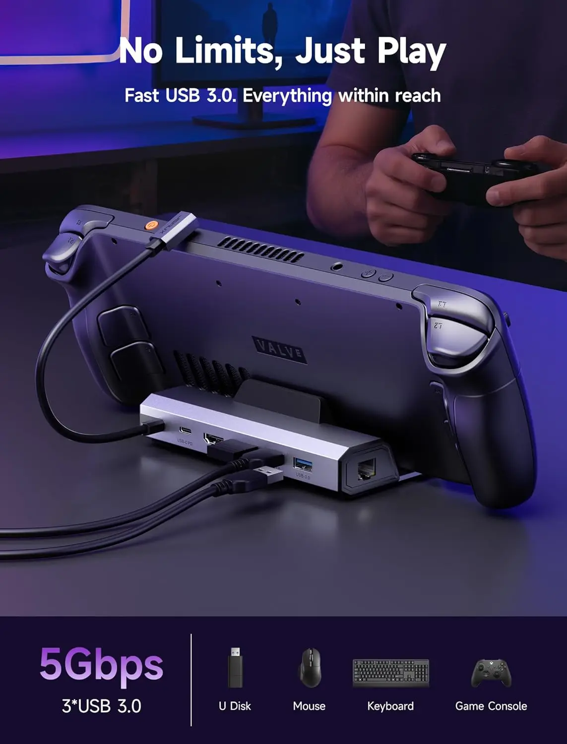 

Steam Deck Dock 6-in-1 4K@120Hz HDMI 2.1, 100W PD, USB-A & USB C 3.0, Gigabit Ethernet, Dock for Steam Deck OLED Accessories