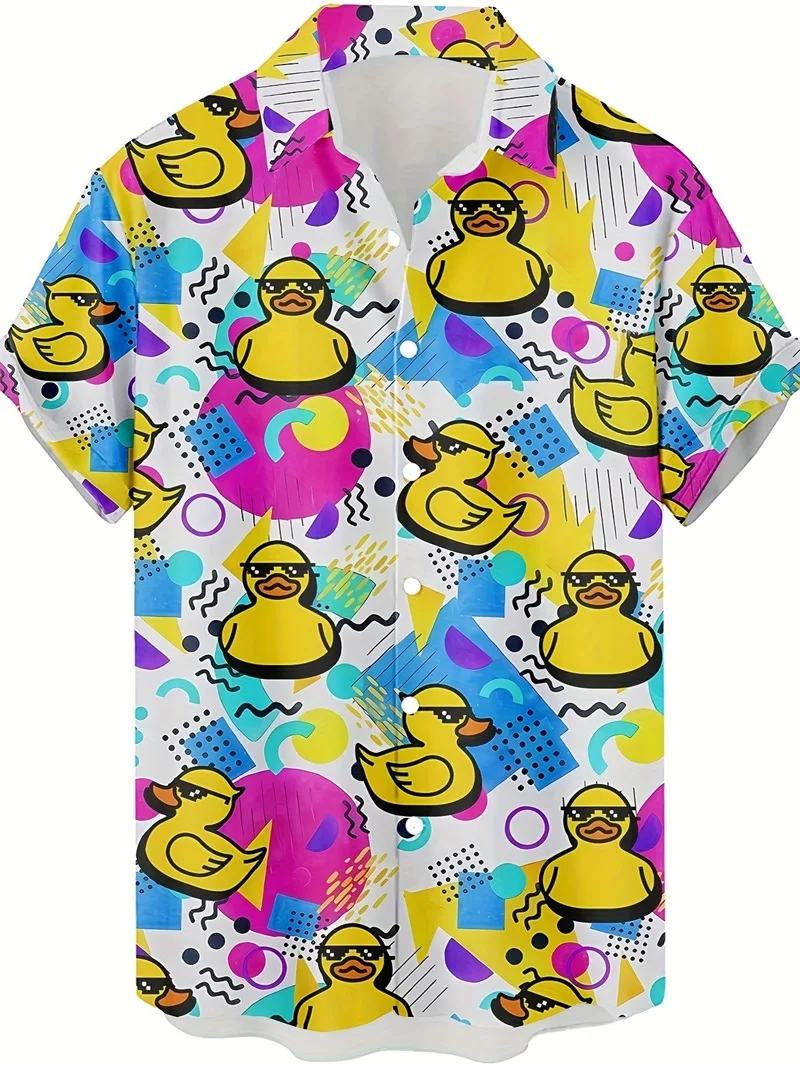 

Men's Fashion Hawaiian Shirt Cartoon Ducks Pattern Allover Print Short Sleeve Button Up Lapel Shirts Men's Aloha Vacation Shirts