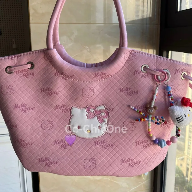 Xiuya Pink Tote Bag for Women Hello Kitty Vintage Cartoon Embroidery Cute Shoulder Bag Literary Casual Fashion Female Handbag