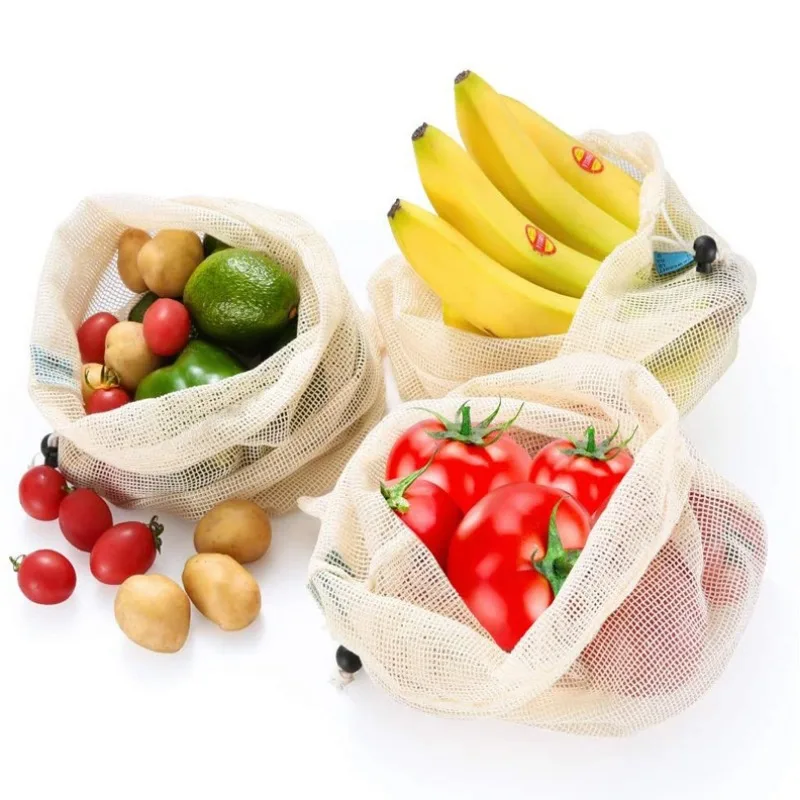 Portable Natural Organic Pure Cotton Mesh Bag Vegetable Fruit Storage Container Household Cotton Bag Storage Drawstring Bags