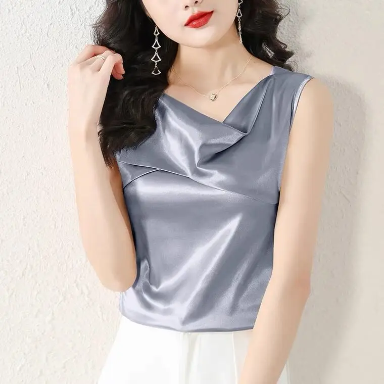 Blusa Elegante de Satén para Mujer, Estilo OL, Camisa de Seda, Cuello Oscilante de Lujo, Top Básico de Chifón, Camisetas de Moda Tallas Grandes