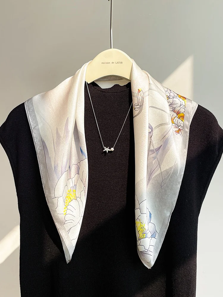 エレガントなカメリアシルクスカーフ女性の春夏多用途小さな正方形スカーフ00マルベリーシルクプリントシルクリボン薄い