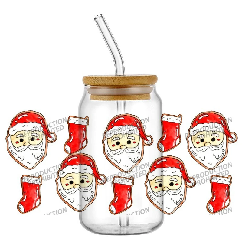 

New model Christmas 16oz Libbey UV DTF Cup Wrap Transfer Custom Label DIY Logo Self adhesive Mug Decal Sticker