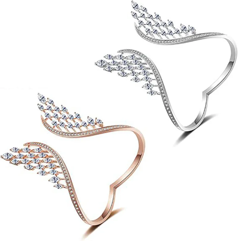 Trendy White Gold Color Wings Shape Cuff Bangle Ring Sets For Women Bridal Fashion Party Wedding Jewelry Gifts