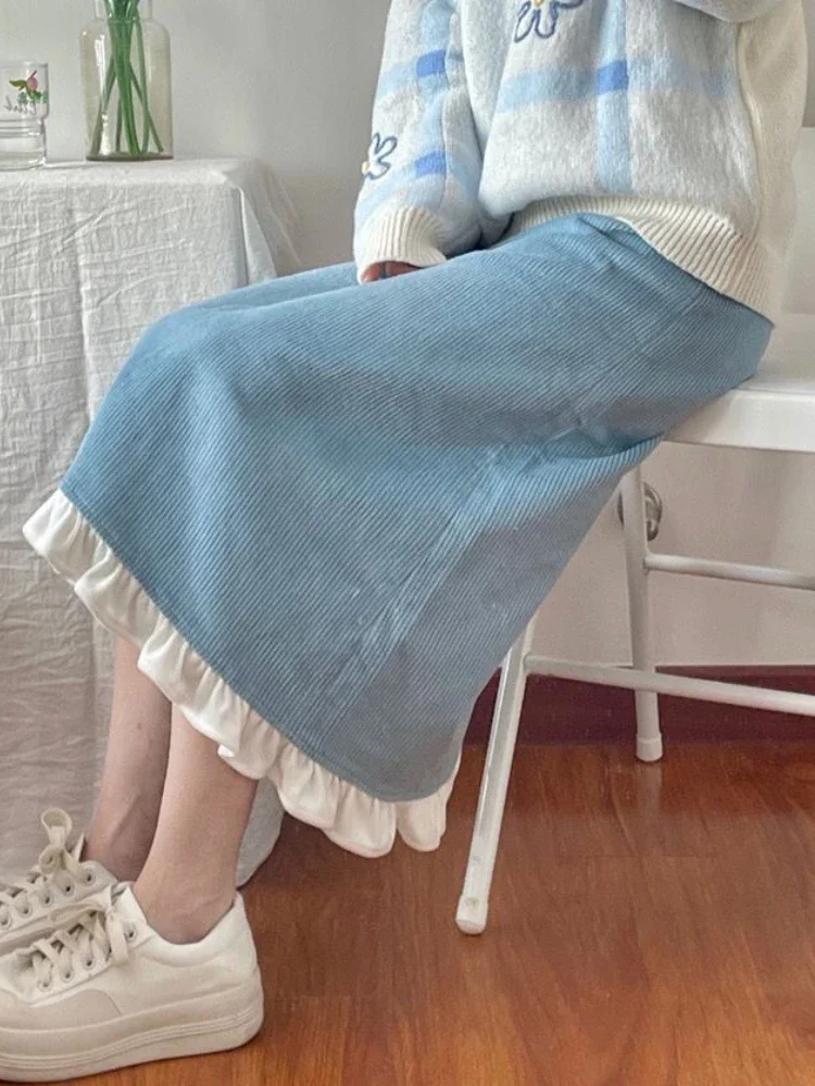 女性のためのカワイイコーデュロイスカート,ストレートバックスリット,ストリートウェア,膝丈,パネル,フリル,美的,いくつかのデザイン