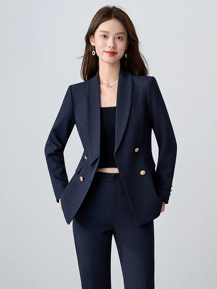 Conjunto de terno azul slim fit com botões de duas fileiras Ele para mulheres, entrevista profissional, roupa de trabalho, deslocamento, mistura de poliéster