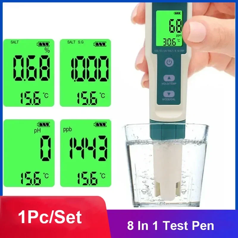 

8 In 1 Water Quality Test Pen PH Hydrogen-rich Test Pen Sea Water Salinity Meter Drinking Water PH Tester Analysis Instruments